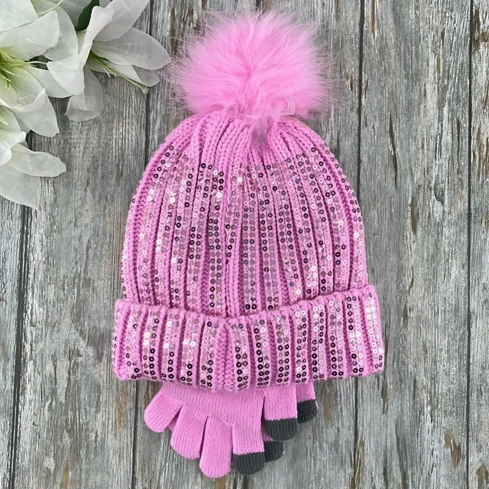 Girls Justice Ribbed & Full Print Winter Cozy Beanie and Gloves 2, 2-Piece Sets